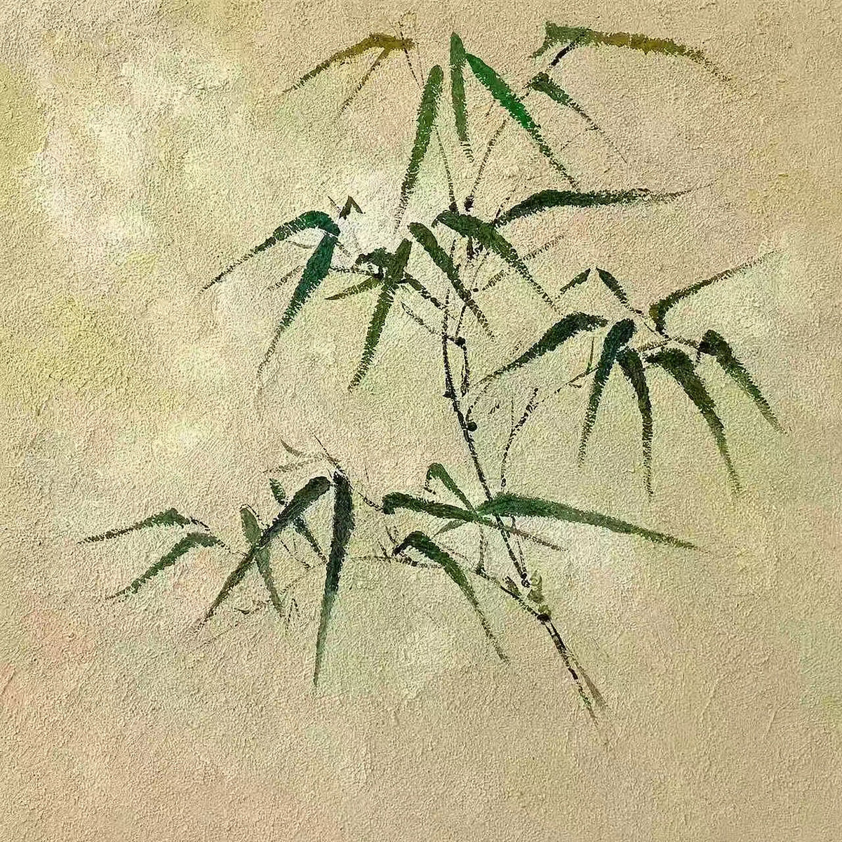 Loose green bamboo leaves brushed over a warm parchment ground