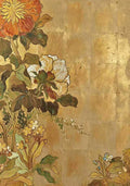 Chrysanthemums, camellias and small blossoms on a weathered gold-leaf panel, like an antique folding screen