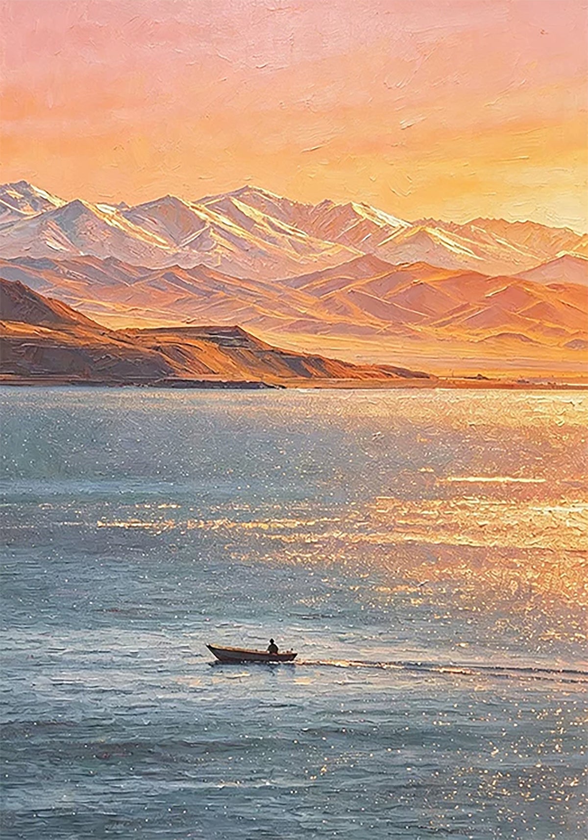 A small boat crossing a glittering lake below pink-lit snowy mountains at sunset
