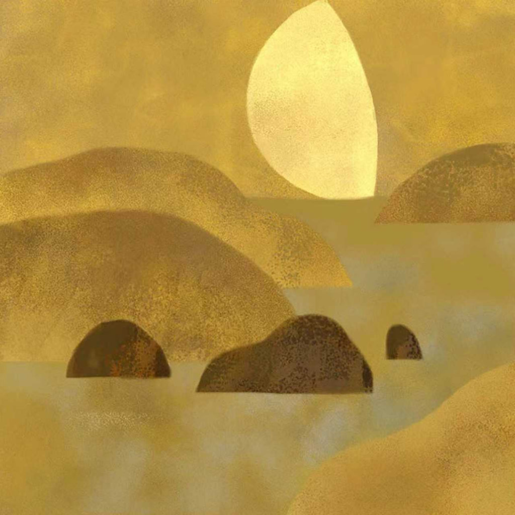 A pale gold moon above rounded ochre hills and dark stones in still water