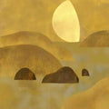 A pale gold moon above rounded ochre hills and dark stones in still water