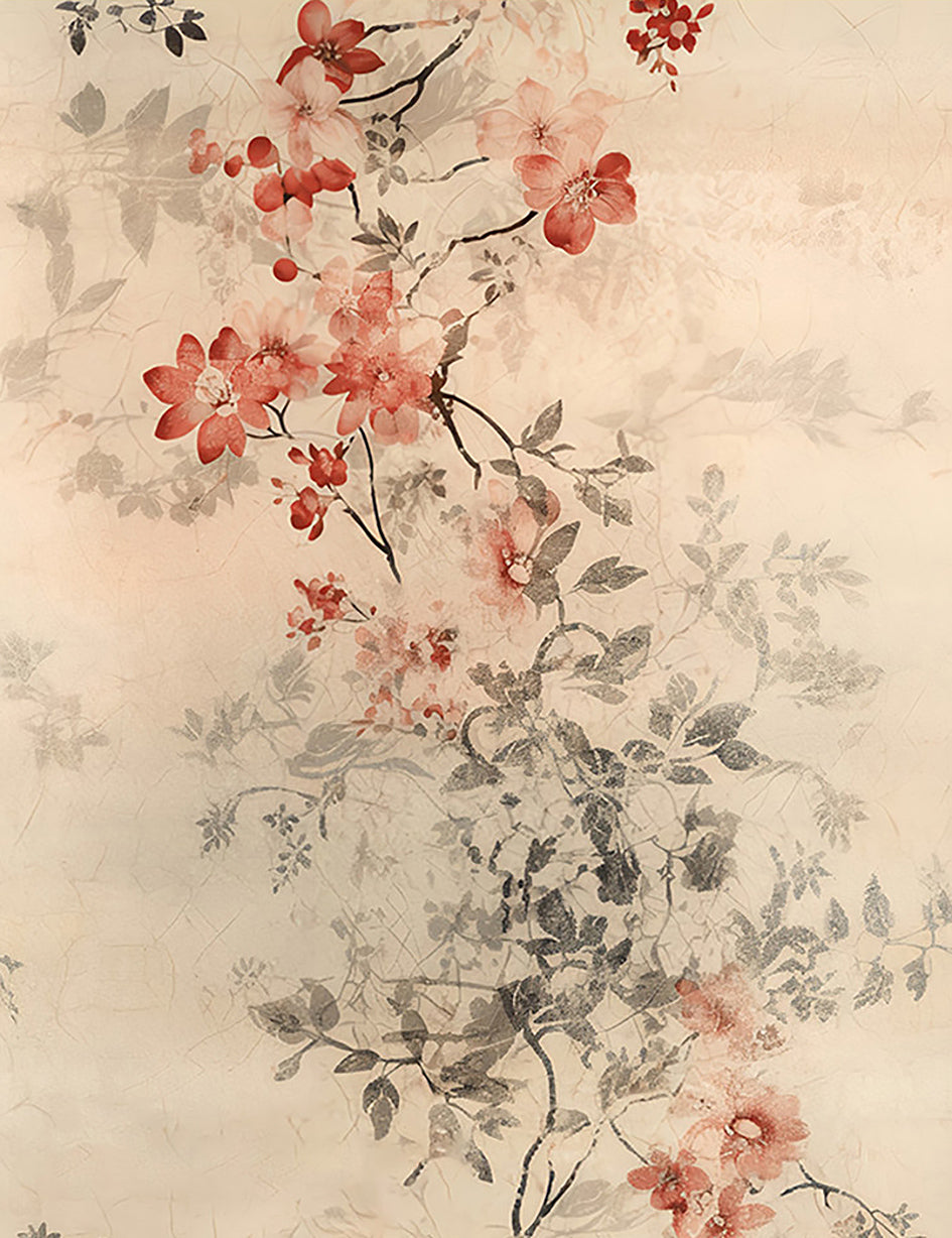 Coral and grey blossoms drifting down a pale ink-washed ground