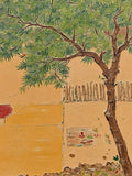 A gnarled pine-like tree leaning over a sunny ochre wall with a wooden fence and a small red sign