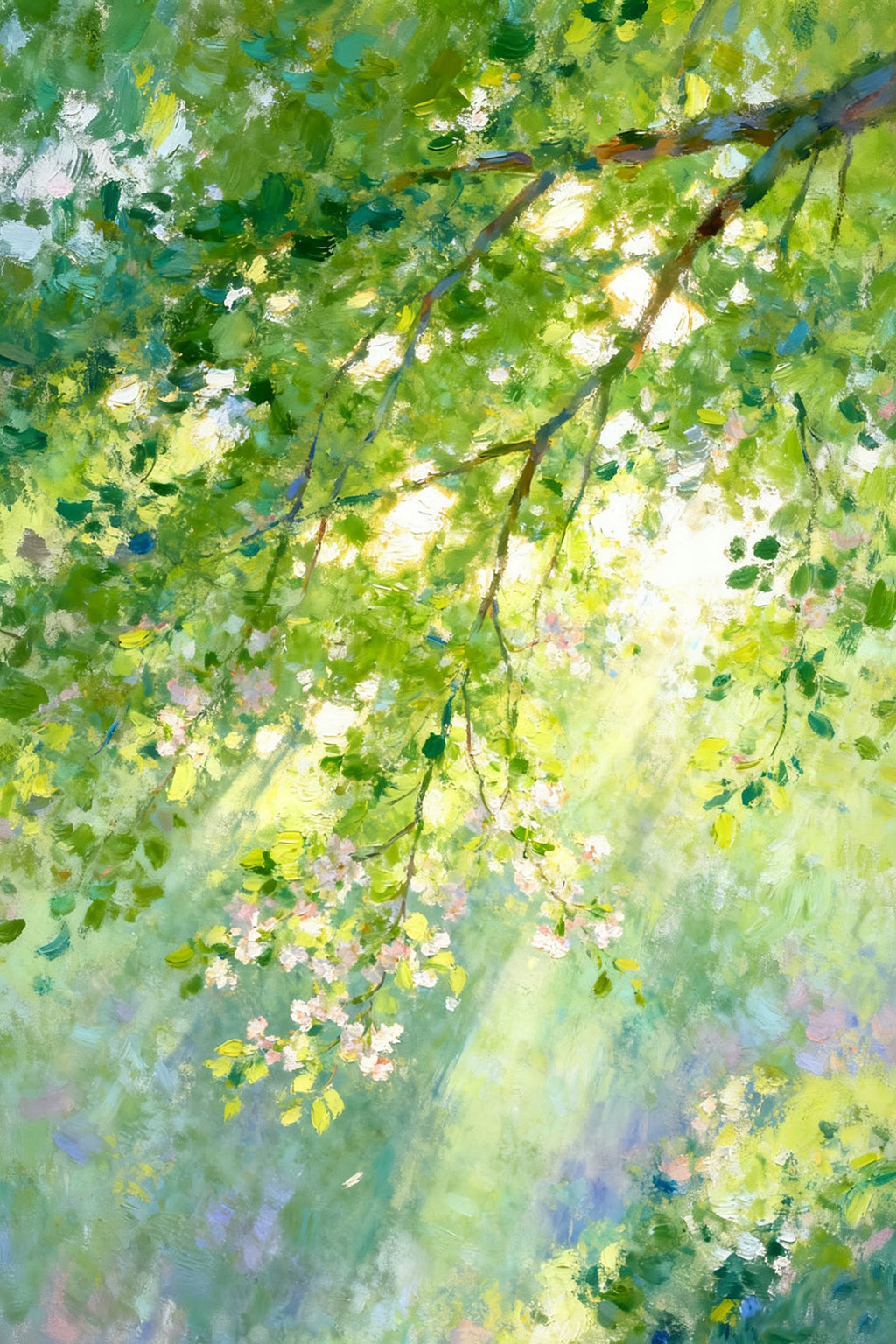 Pale green leaves and pink blossoms glowing in soft sunlight beneath a leafy canopy