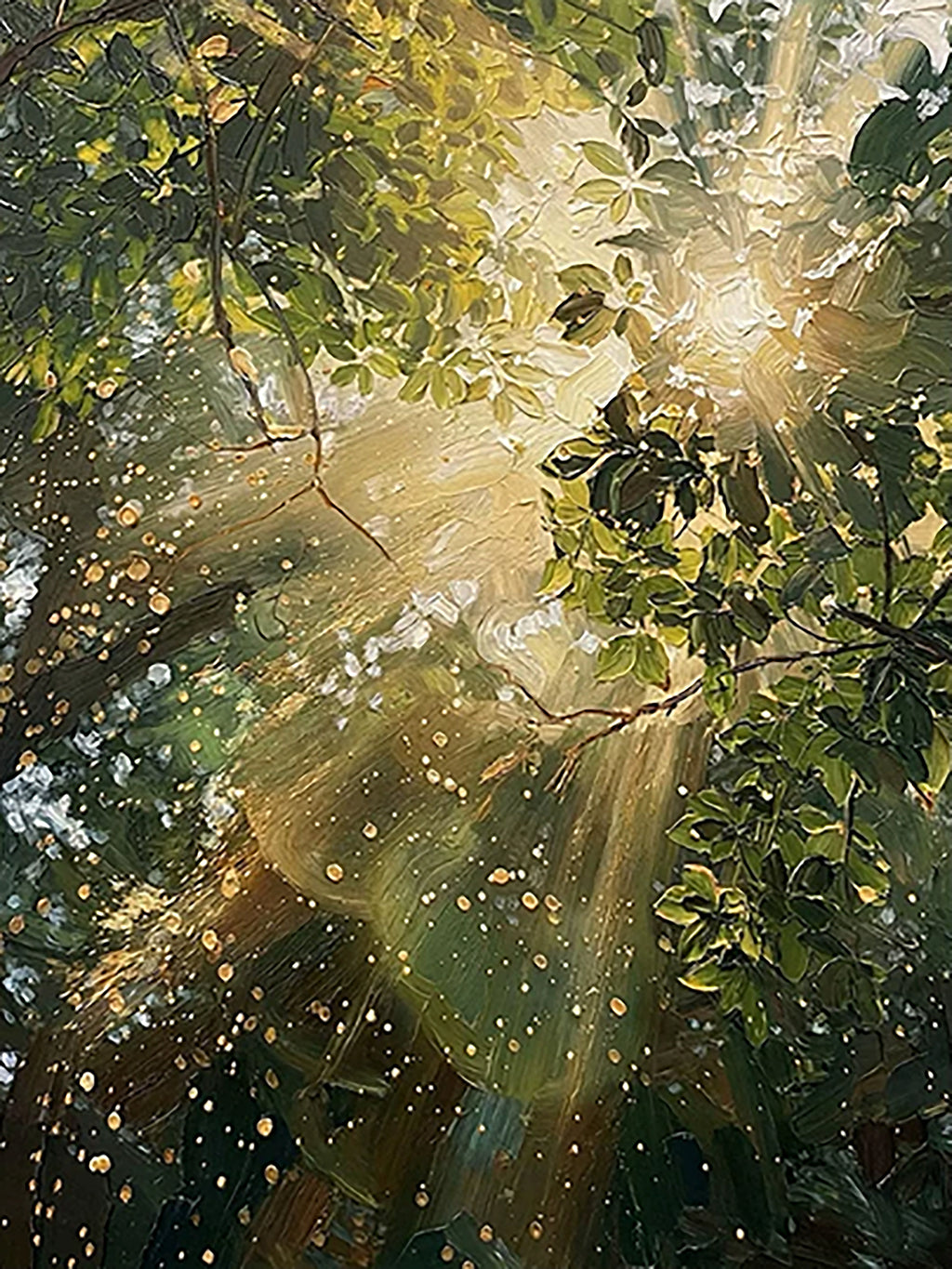 Sunbeams bursting through dark green leaves, glittering with falling drops of light