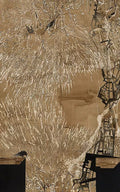 Golden reeds and faint tiled rooftops in warm sepia tones