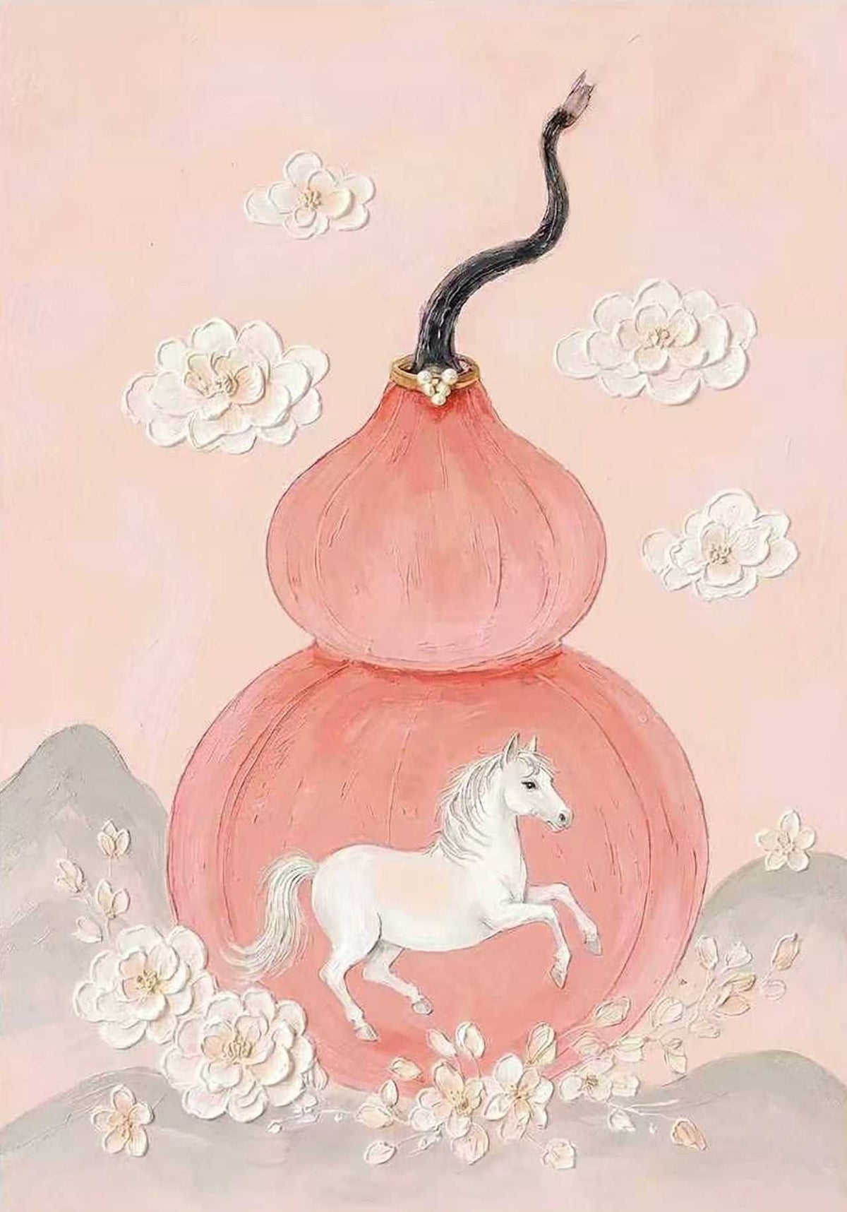 A white horse leaps before a blush-pink gourd among clouds and blossoms