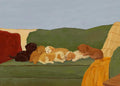 A sofa crowded with sleeping puppies in brown, tan and cream, a mustard throw at the end