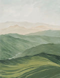 Layers of green hills and a winding stream fading into soft peach and grey distance