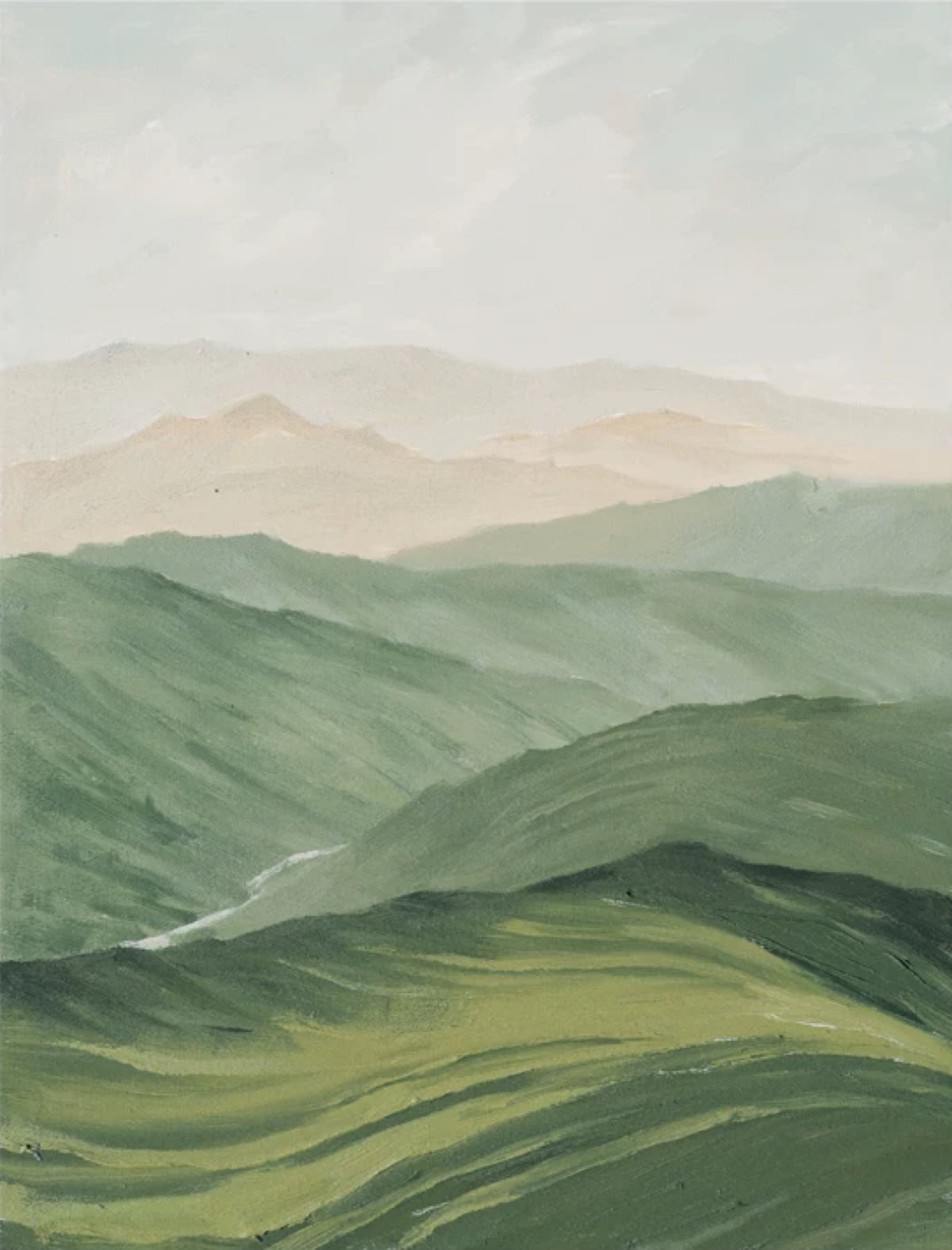 Layers of green hills and a winding stream fading into soft peach and grey distance