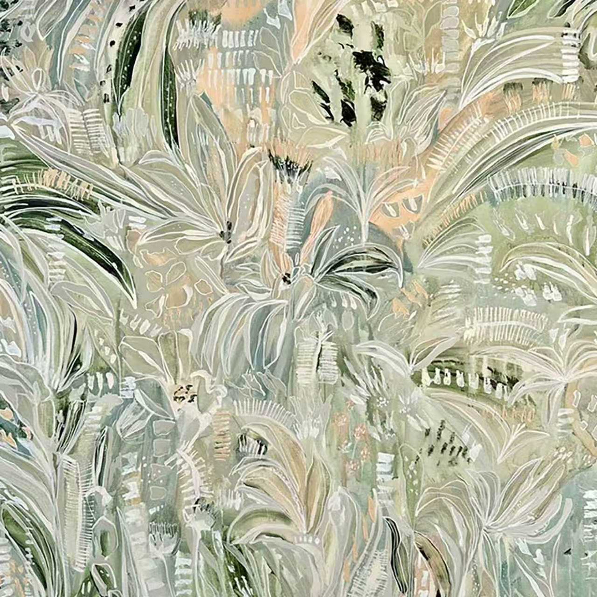 Dense layered leaves and grasses in sage, cream and blush, painted in rhythmic patterned strokes