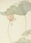 A pink lotus flower and bud beneath broad pale-green leaves, in delicate gongbi brushwork