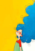 A smiling girl with eyes closed as her huge blue hair billows against a bright yellow ground