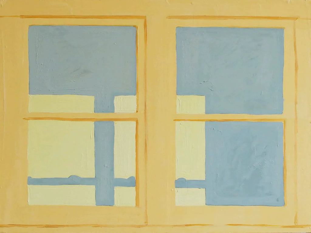 A simple butter-yellow window frame opening onto pale blue panes