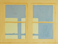 A simple butter-yellow window frame opening onto pale blue panes