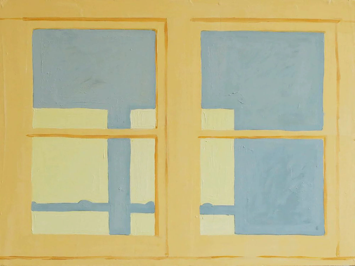 A simple butter-yellow window frame opening onto pale blue panes