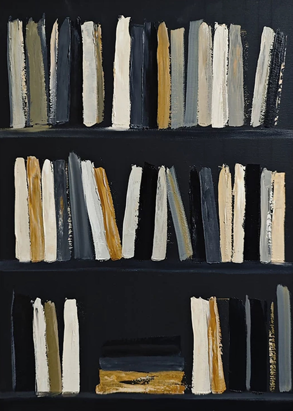 Rows of books suggested in loose cream, grey and ochre strokes on black shelves