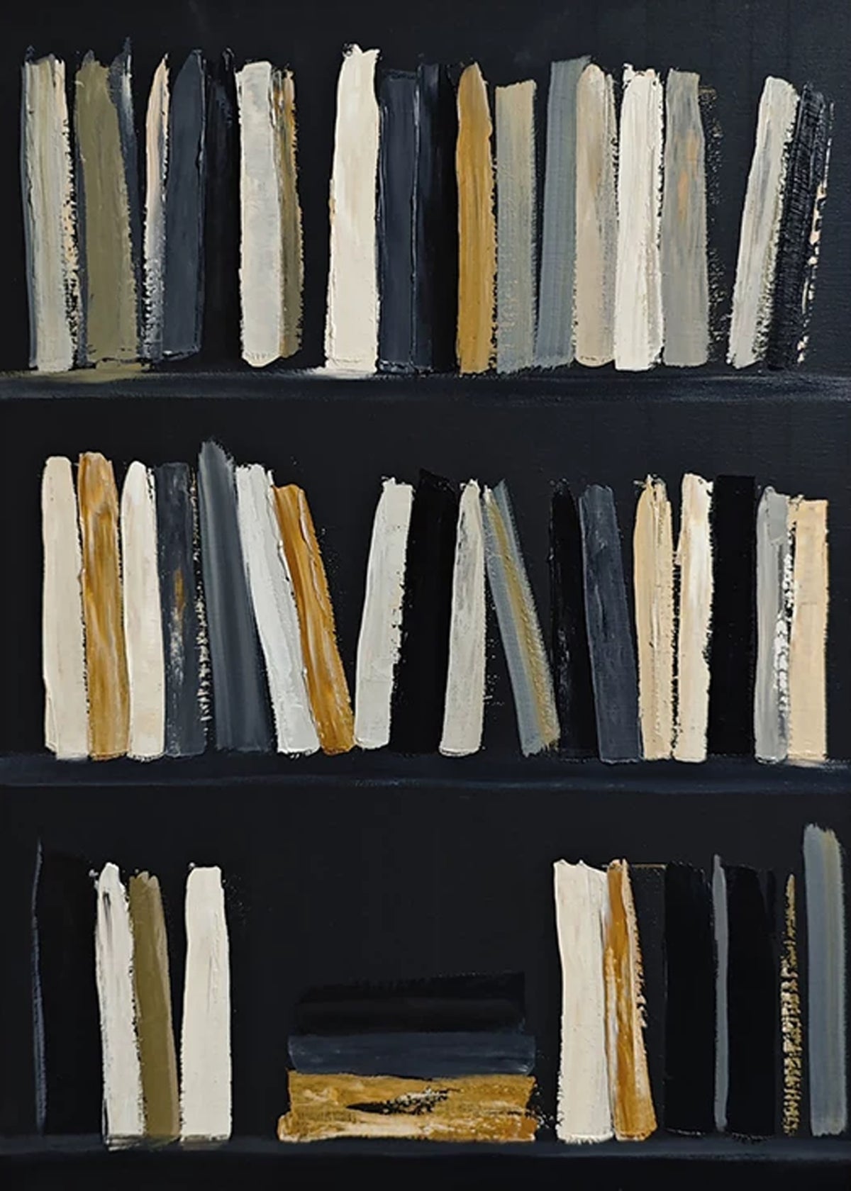 Rows of books suggested in loose cream, grey and ochre strokes on black shelves