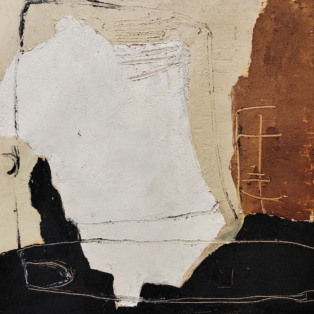 Layered ivory, black and burnt-umber planes with scratched lines, like torn paper collage