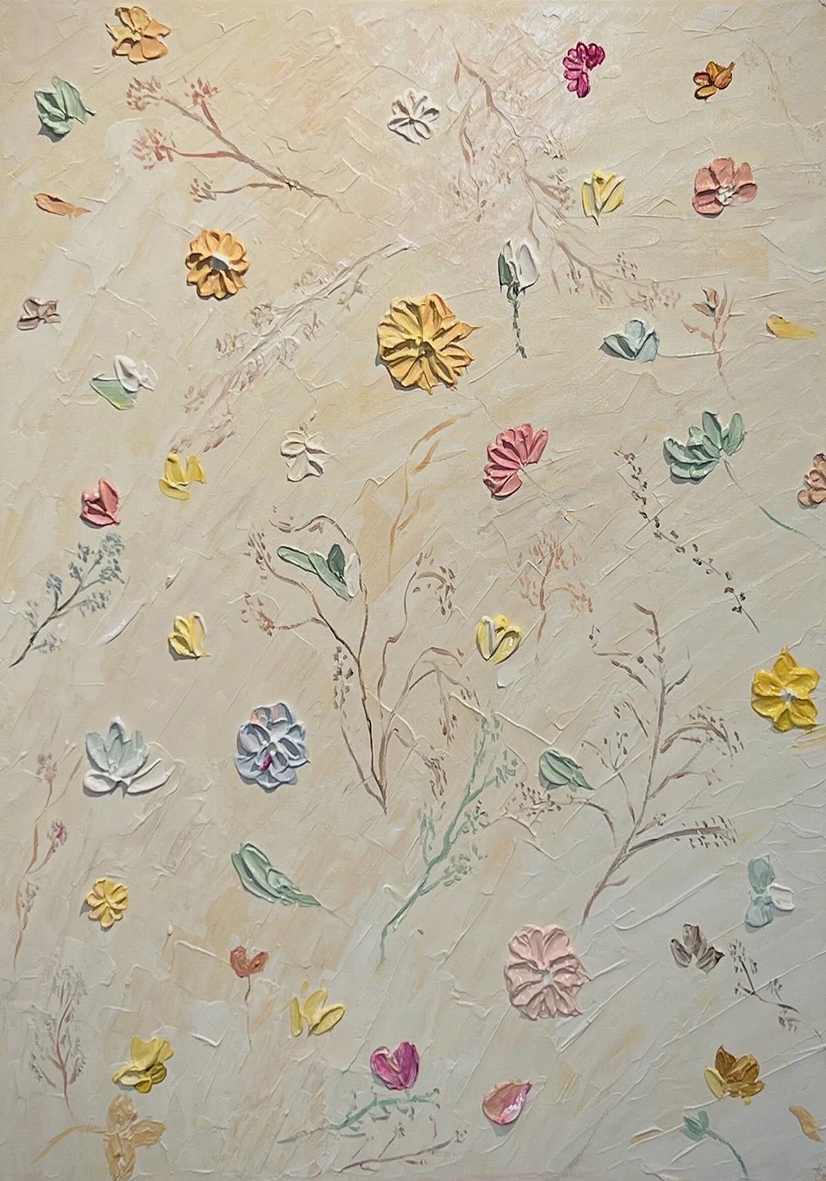 Tiny pastel flowers and fine stems in raised paint scattered across a cream ground