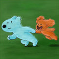 A little orange poodle gleefully chasing a big pale-blue bear-like pup across green grass