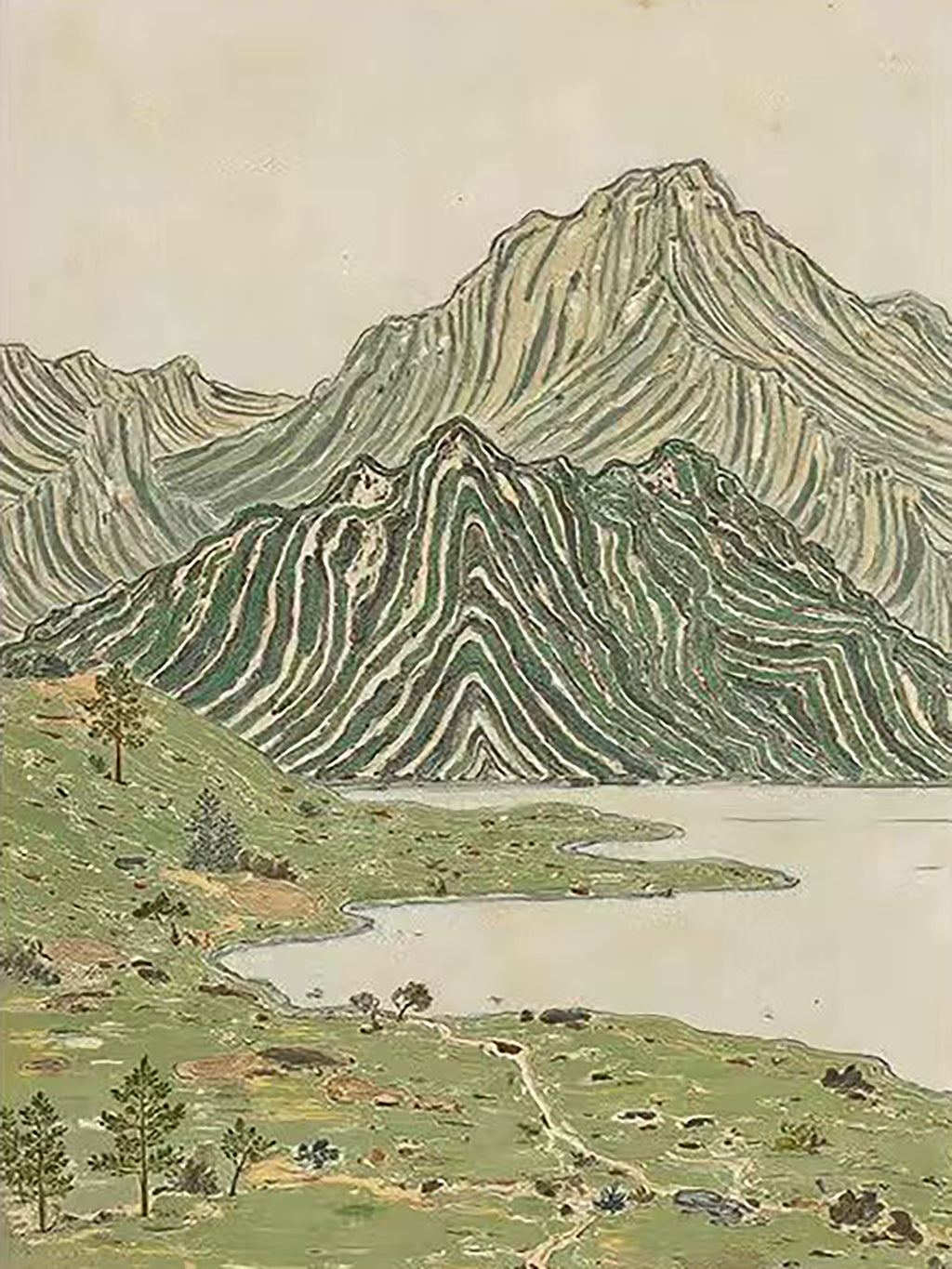 Mountains drawn in green and cream contour lines rising above a quiet alpine lake and meadow