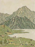 Mountains drawn in green and cream contour lines rising above a quiet alpine lake and meadow
