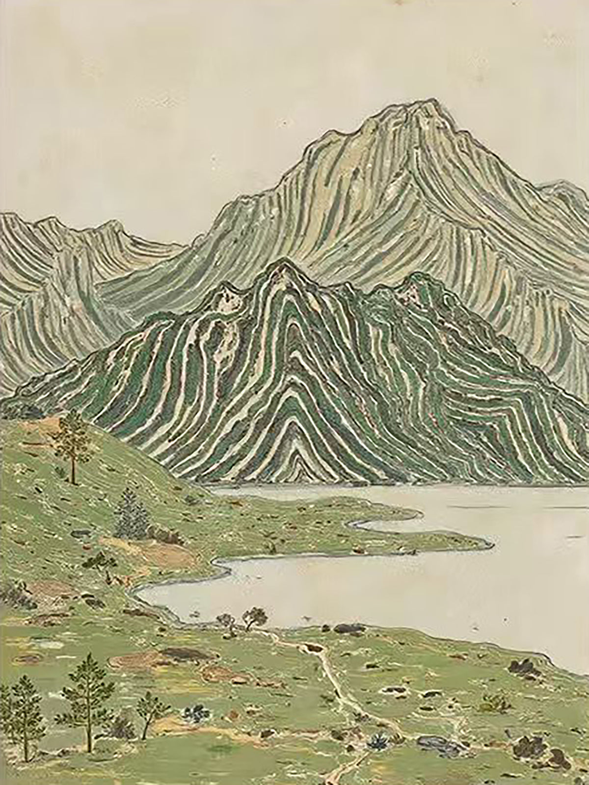 Mountains drawn in green and cream contour lines rising above a quiet alpine lake and meadow