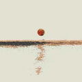 A blood-red moon above a tiny pair of figures on a far shoreline, its reflection in still water
