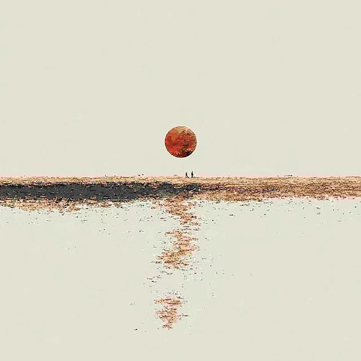 A blood-red moon above a tiny pair of figures on a far shoreline, its reflection in still water