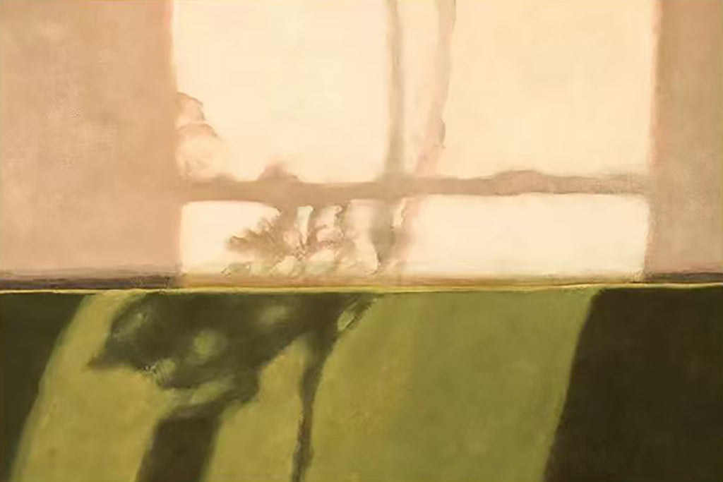 Soft window light and a plant's shadow falling across a peach wall and green tablecloth