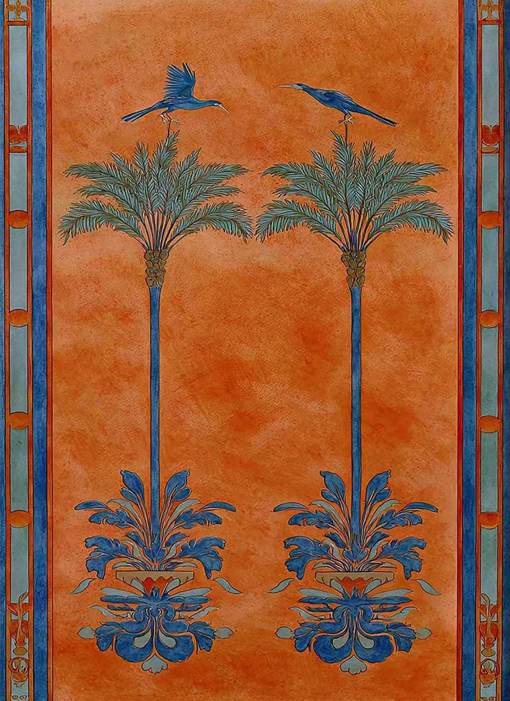 Two blue palm trees with perched birds in ornate urns on a terracotta panel bordered in blue