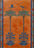 Two blue palm trees with perched birds in ornate urns on a terracotta panel bordered in blue