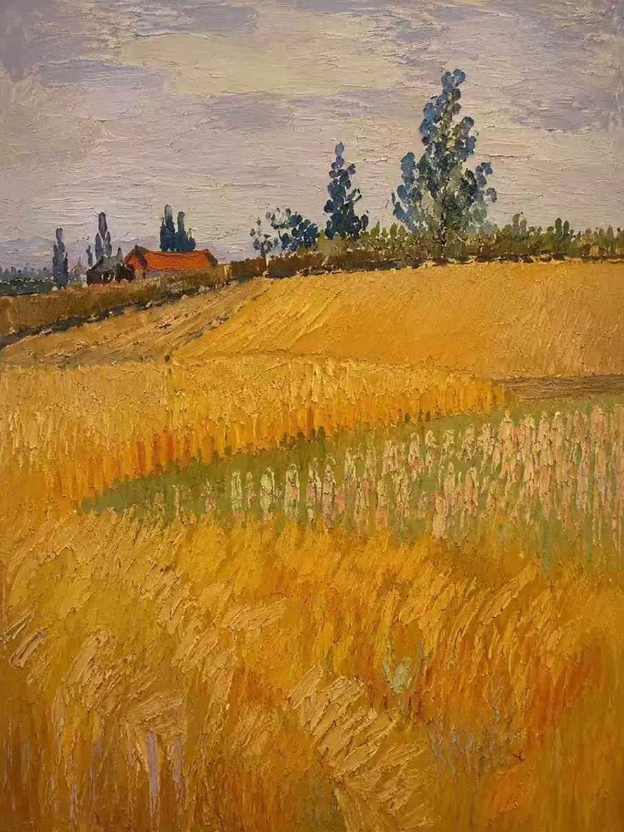 Golden wheat fields rolling up to a red-roofed farmhouse and tall poplars
