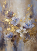 Lavender and white blossoms drifting among drips and flakes of gold over a misty violet ground