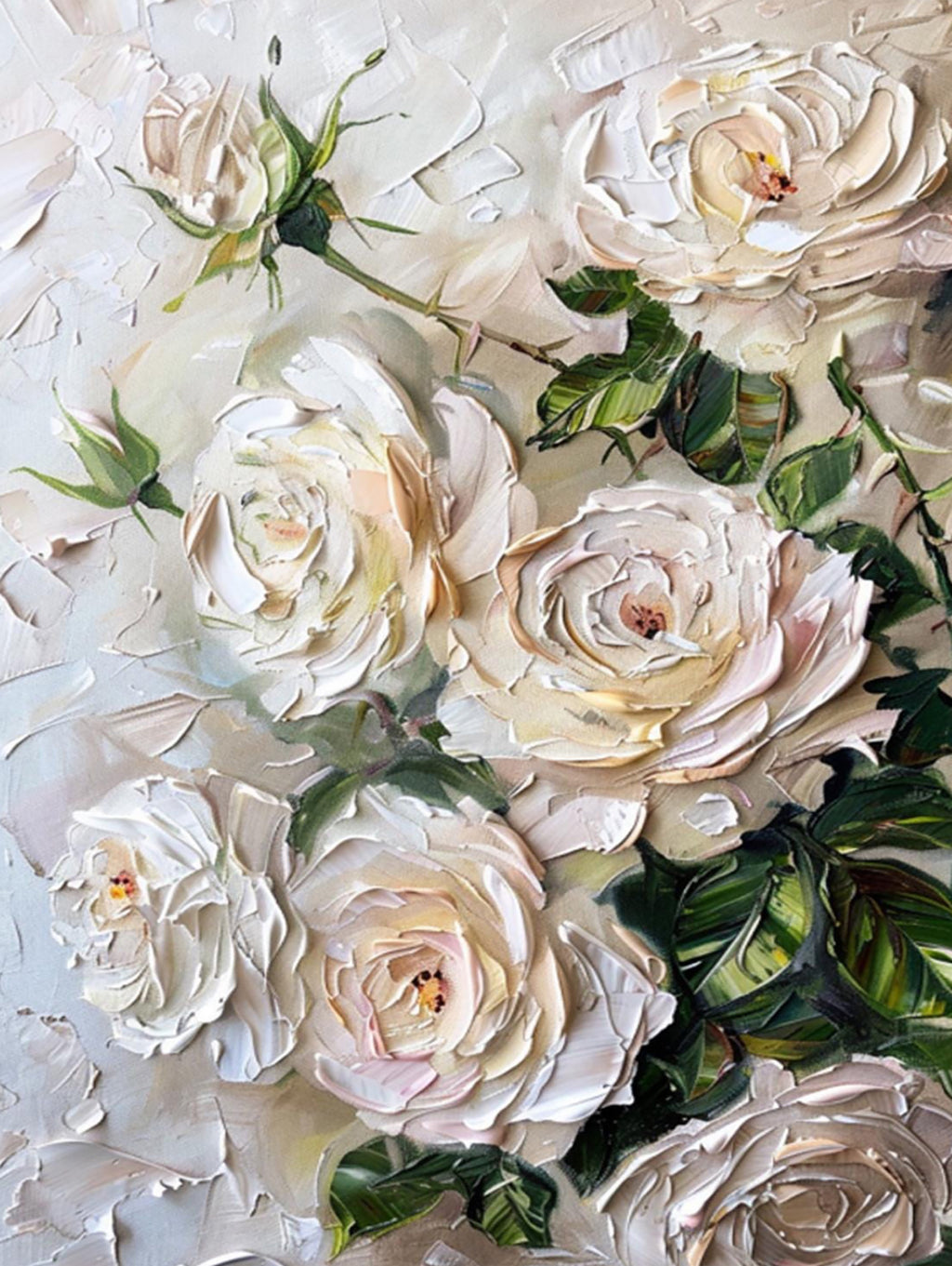 A tumble of creamy white roses and leaves raised in thick palette-knife paint