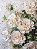 A tumble of creamy white roses and leaves raised in thick palette-knife paint