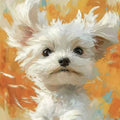 A white Maltese puppy with windblown ears against loose strokes of orange and gold