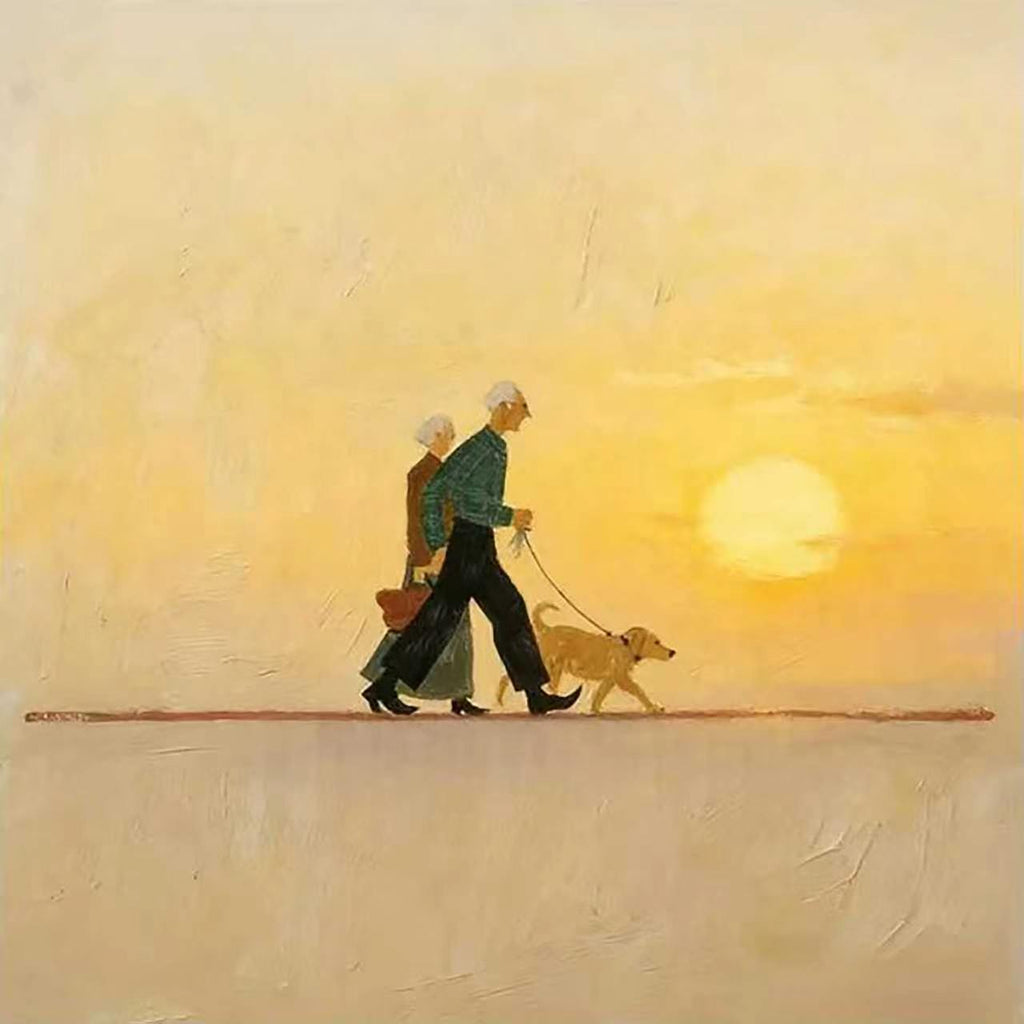 An elderly couple walking their golden dog along a line at sunset under a glowing yellow sky
