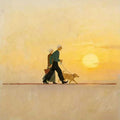 An elderly couple walking their golden dog along a line at sunset under a glowing yellow sky