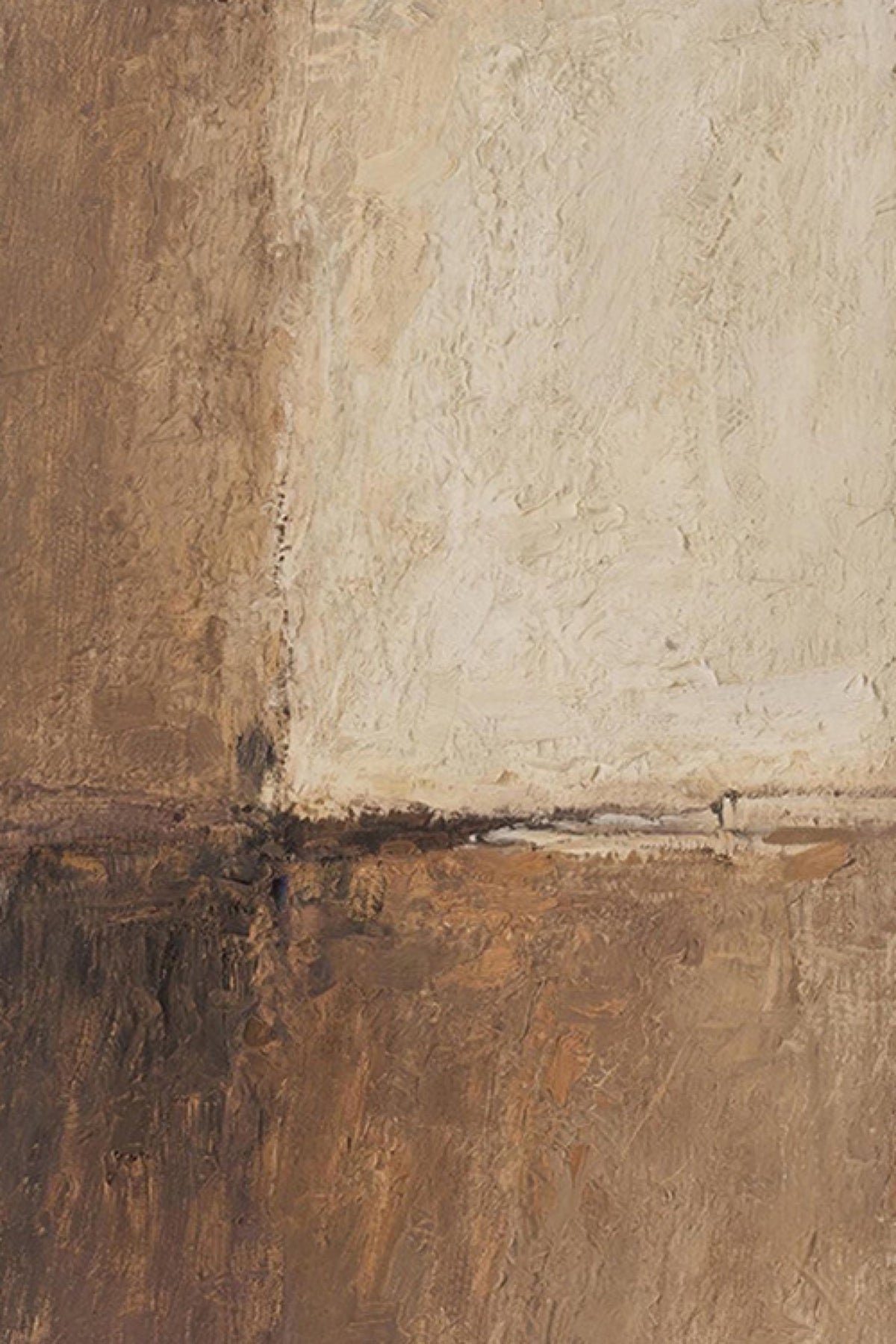 A block of textured cream resting on layered umber and rust, in a weathered abstract