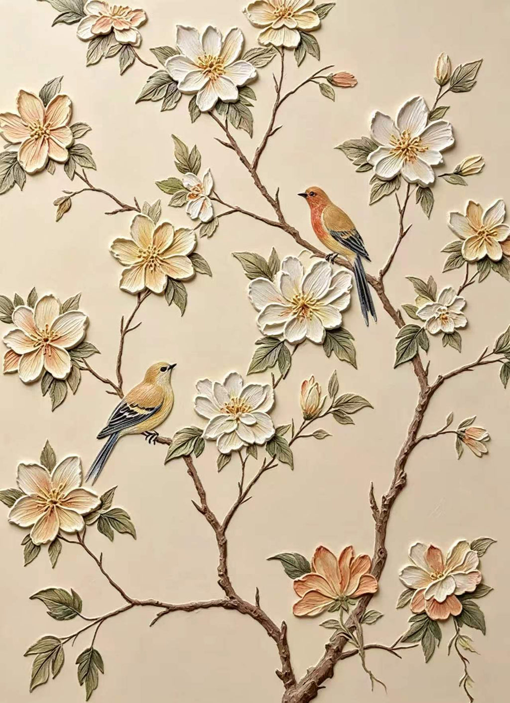 Two songbirds among cream and peach blossoms on a sculpted branch over an ivory ground