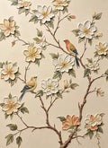 Two songbirds among cream and peach blossoms on a sculpted branch over an ivory ground