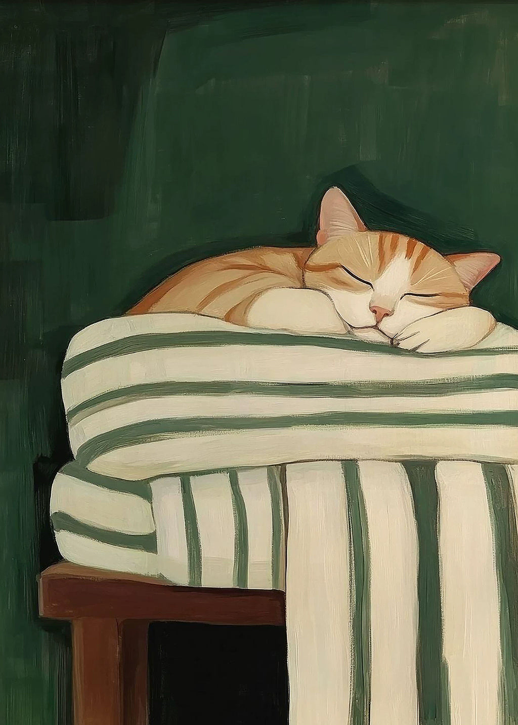A ginger cat fast asleep on a pile of green-striped blankets against a deep green wall