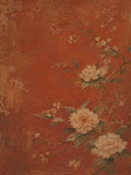 Cream peonies and small blossoms on a slender branch over a weathered vermilion ground