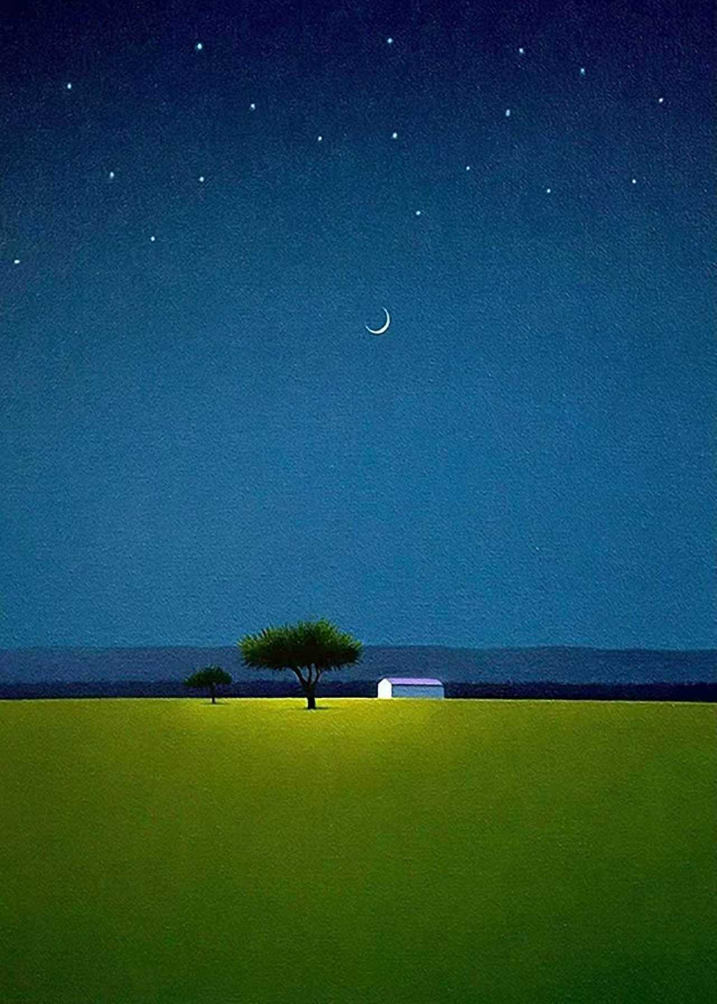A lone acacia tree and a small white house under a crescent moon and starry deep-blue sky