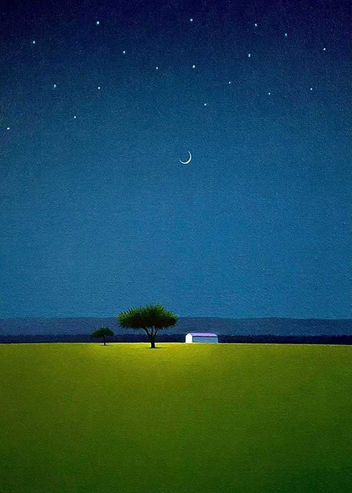 A lone acacia tree and a small white house under a crescent moon and starry deep-blue sky