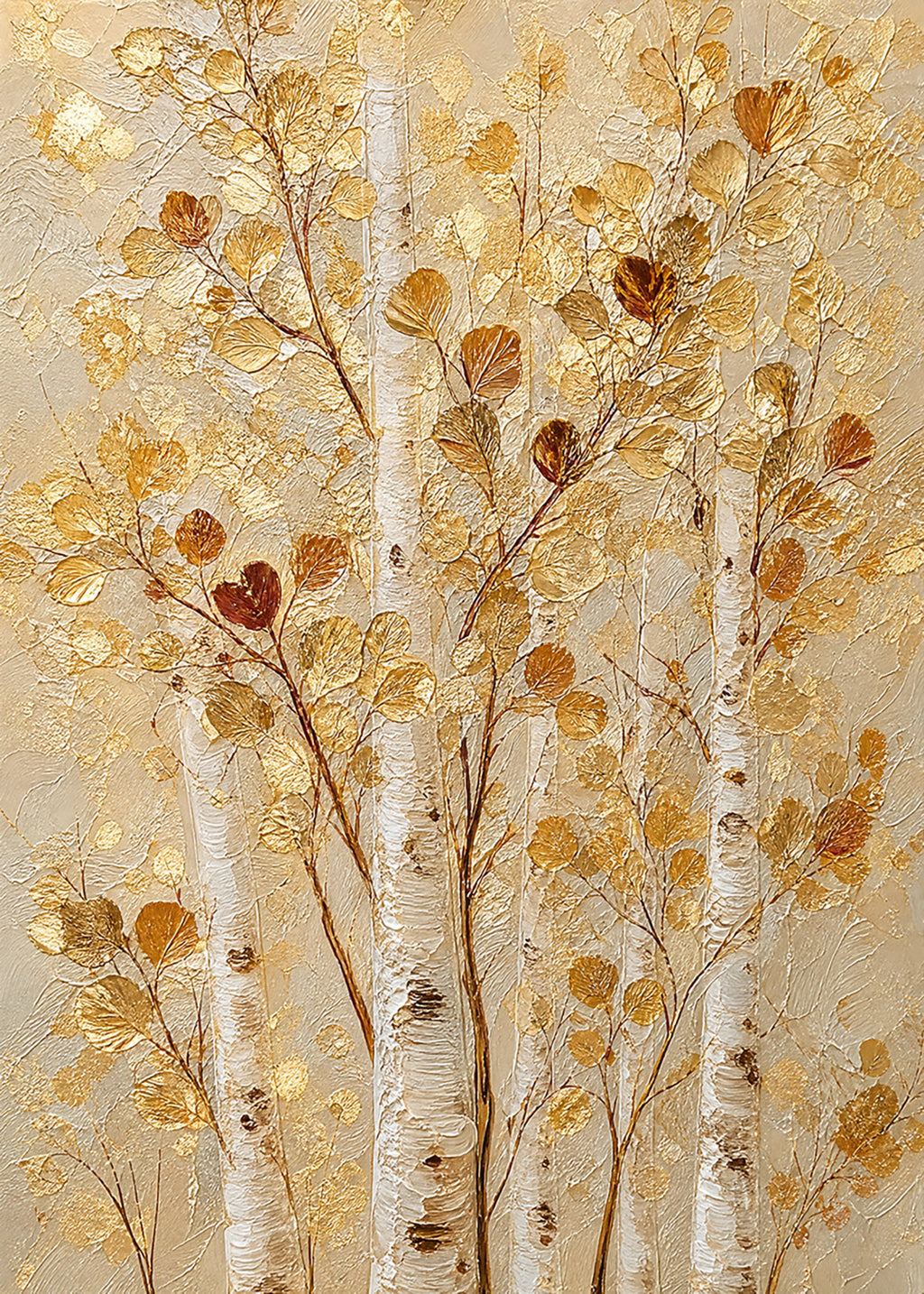White birch trunks among shimmering gold and copper leaves on a textured gilded ground