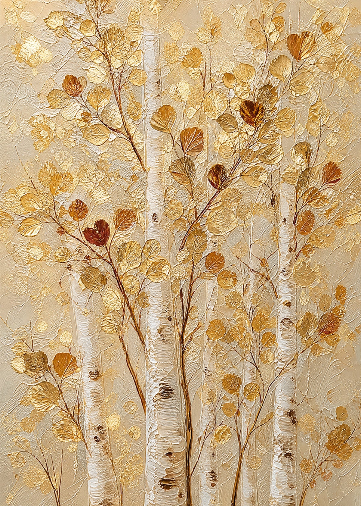 White birch trunks among shimmering gold and copper leaves on a textured gilded ground