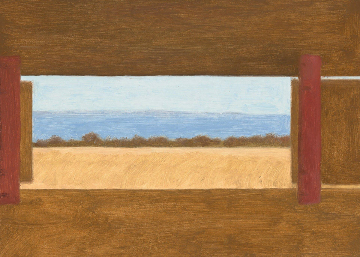A wide window in a wooden wall framing a golden field and distant blue sea